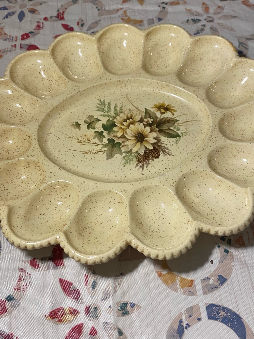 Vintage Handcrafted Deviled Egg Serving Platter - Cream/Brown Speckles Floral
